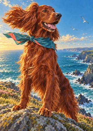 Copper-red setter in a teal scarf standing on a rocky coastal bluff above the blue sea as two seabirds fly in the distance.
