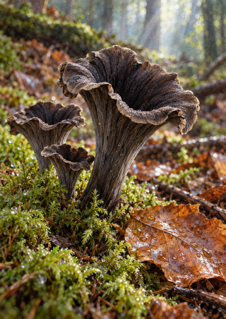 Three dark flared trumpet mushrooms grow from wet moss beside a large veined brown leaf.