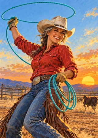 Smiling rodeo rider in a cowboy hat and red shirt swinging a large turquoise lariat against a blue sky and sunset.