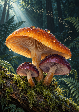 Three amber-orange and deep-plum mushrooms with pale gills and water droplets grow on a moss-covered branch against a dark teal forest.