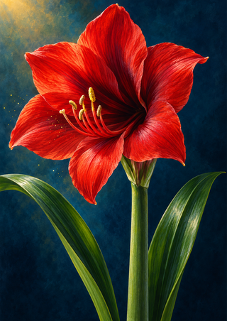 A large red amaryllis bloom with golden pollen-tipped stamens rises between two glossy green leaves against a deep blue background.