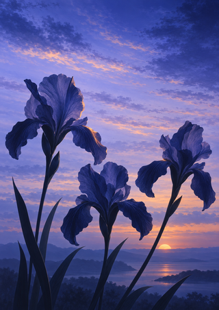 Three deep-blue iris blooms on crossing stems against a lavender and indigo twilight sky with distant hills and water.