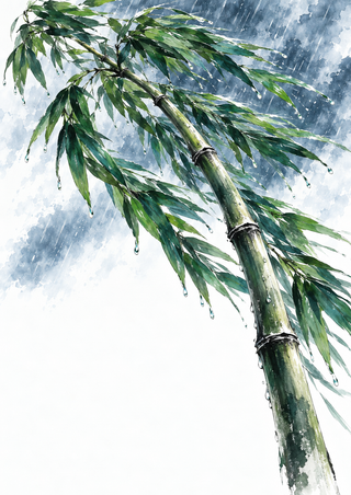 Segmented bamboo stalk bending through pointed green leaves with raindrops against a blue-gray rainy sky.
