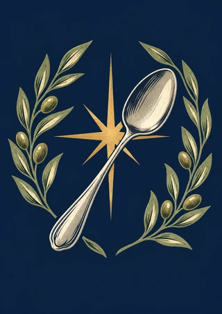 Silver serving spoon crossing a golden starburst within two olive sprigs on a deep navy background.