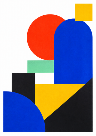 Abstract geometric poster with a red-orange circle, blue arch, yellow square, mint block and angular black and blue shapes on white.