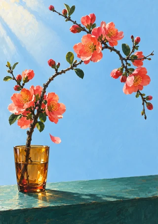 Coral-pink flowering branch with dark buds rises from an amber glass on a teal tabletop against blue, with one loose petal.