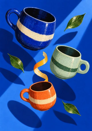 Three striped cobalt, mint, and persimmon cups floating with green leaves and curled orange peel against a bright blue background.