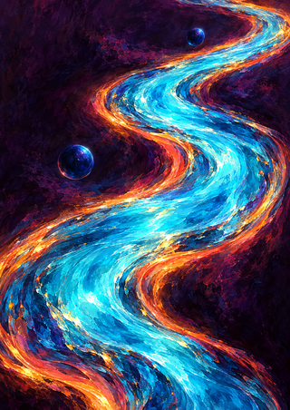 Luminous cyan S-shaped current edged in coral and amber, with two indigo spheres against a dark plum background.