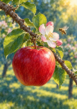 Glossy crimson apple beneath white-and-blush blossoms, with a bee hovering among green leaves in a softly lit orchard.