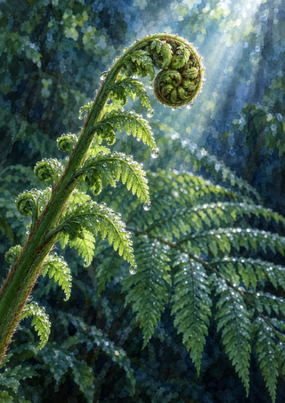 Close-up of a curling, dew-covered fern frond with opening leaflets and a mature frond softly blurred behind it.
