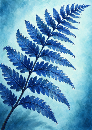 Indigo and cobalt fern frond with reflective droplets against a pale aqua textured background.