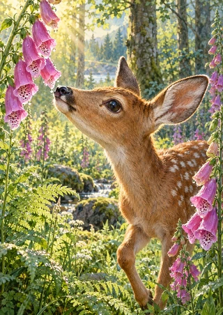 Young spotted deer reaching toward pink foxglove flowers among ferns in a sunlit woodland.