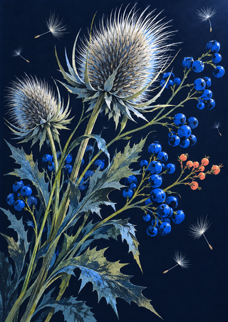 Two pale bristly seedheads, blue berry clusters, and angular silver-blue leaves rise diagonally against a midnight-indigo background.
