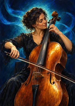 An adult woman plays an amber cello with a diagonal bow against a glowing blue background.