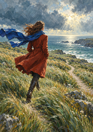 Woman in a rust-red coat strides through coastal grasses toward the sea as her long blue scarf blows left.