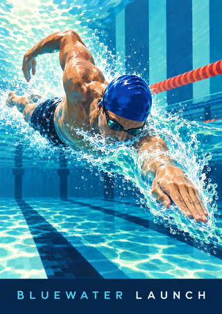 Swimmer in a cobalt cap and goggles reaching forward through turquoise pool water beside a coral lane divider.