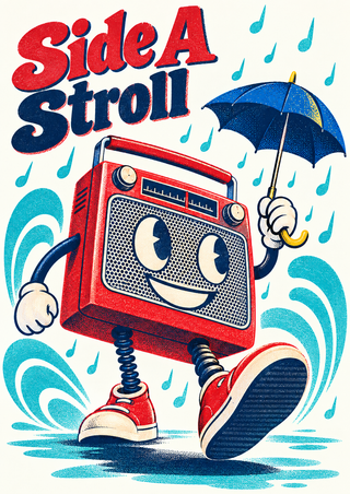 A smiling red portable radio character walks with a cobalt umbrella beneath the title “Side A Stroll,” surrounded by musical-note-shaped raindrops.