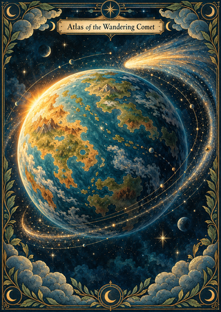 Blue-green fantasy globe crossed by a golden comet, surrounded by orbit lines, stars, and an ornate border beneath a title banner.