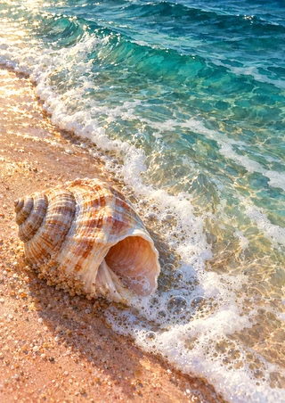 Large ridged spiral shell on rose-colored wet sand beside turquoise water, curling white foam, and bubbles.