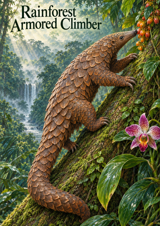 Copper-scaled pangolin climbing a mossy tree trunk, its tail curled below amid rainforest foliage, fruit, waterfall, and orchids.