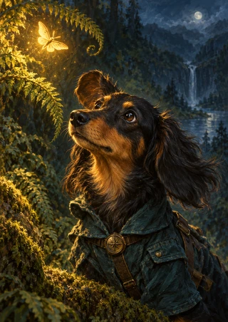 Black-and-tan long-haired dachshund in a teal jacket looks toward a glowing moth among moonlit forest ferns, with a waterfall behind.
