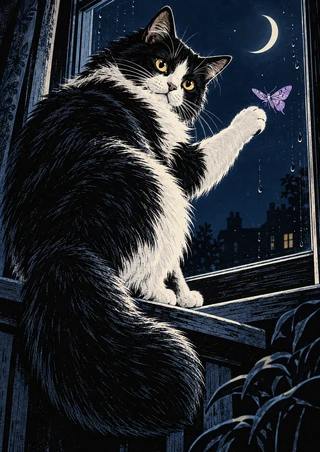 Black-and-white cat on a windowsill reaching toward a lilac moth, with a crescent moon and rooftops beyond the window.