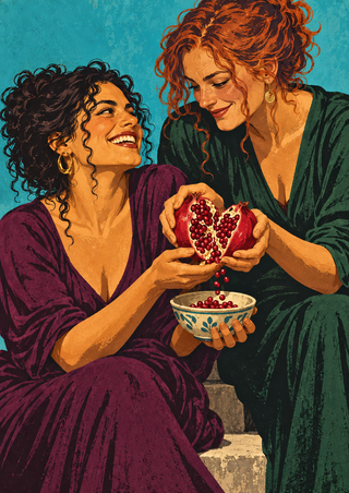Two women seated close together hold an opened pomegranate above a patterned bowl as red seeds fall, against a turquoise background.