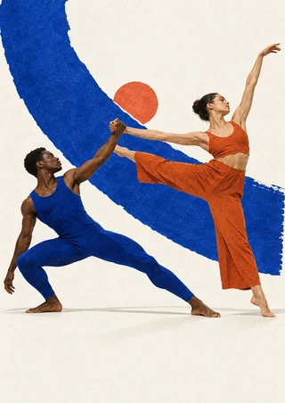Two adult dancers in blue and burnt orange hold hands in a balancing duet, with a cobalt arc and coral disc behind them.