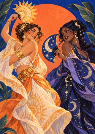Two women in patterned celestial costumes turn toward each other, holding a radiant sun fan and a crescent-moon fan beneath a coral arch.