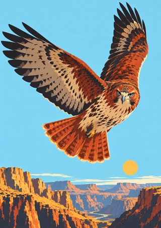 A red-brown and cream hawk banks toward the viewer above ochre canyon ridges, with a small golden sun in a pale cyan sky.