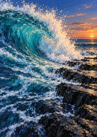 A turquoise ocean wave curls into white spray against dark jagged rock shelves beneath a warm sunset horizon.