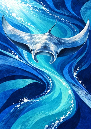 A silver-blue manta ray with broad outstretched fins swims toward the viewer through swirling blue and turquoise currents.