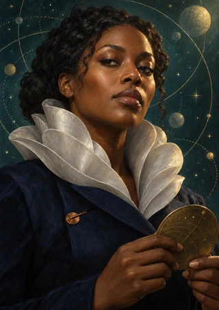 Portrait of a dark-skinned woman in a pale sculptural collar holding a circular brass-colored chart against a teal star-and-orbit background.