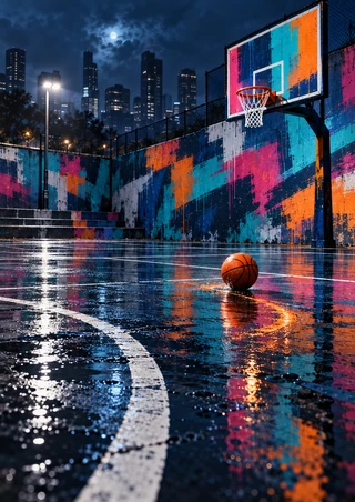 Orange basketball on a rain-wet urban court below a brightly colored hoop, with glossy reflections, painted walls, and a distant nighttime skyline.