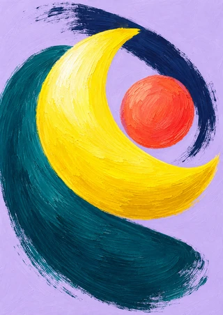 Large yellow crescent curving around a coral disk, with teal and indigo brush arcs on a pale lilac background.