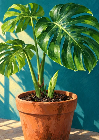 Potted monstera with large glossy split leaves and a small emerging leaf, set against a sunlit turquoise wall.