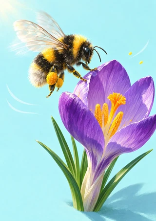 Fuzzy black-and-gold bee with pollen loads hovers beside a large purple crocus against a pale aqua background.