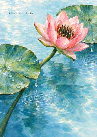 Pink water-lily-like bloom among green leaves as droplets fall into a blue pool and create circular ripples; “After the Rain” appears above.