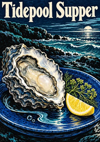 Open ridged oyster shell on a blue plate with lemon and greenery, against a dark moonlit seascape; Tidepool Supper lettering appears above.