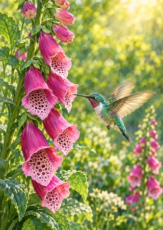 Turquoise-and-green hummingbird hovering beside a tall spike of pink foxglove flowers with speckled throats in a bright green garden.