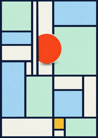 Vermilion circle partly obscured by a central strip in a navy geometric grid with pale mint, blue, and ivory panels and a small yellow square.