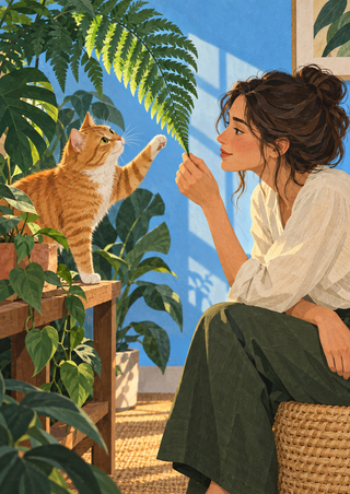 A seated woman and an orange-and-white cat face one another across a fern, with the cat raising a paw toward the leaf.