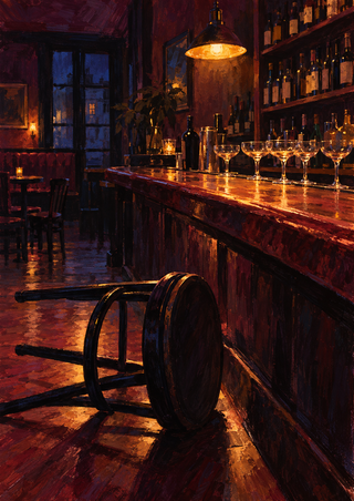 An overturned stool stands before a bar lined with coupe glasses, beneath a glowing pendant lamp and dark bottle shelves.