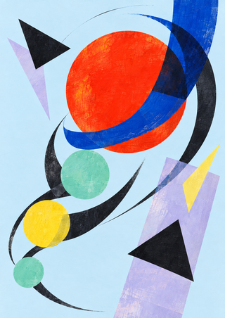 A vermilion disk crossed by a cobalt band, with mint and yellow circles, black curves and angular lilac forms on pale blue.