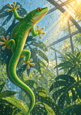 A vivid green gecko with broad toe pads climbs a droplet-covered greenhouse pane, its tail curling downward against sunlit foliage.