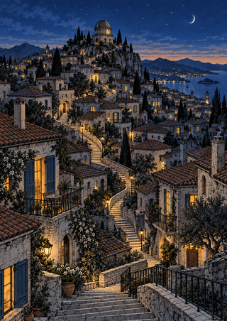 Detailed blue-hour hillside town with illuminated winding stairs leading toward a domed observatory, with a bay and mountains beyond.