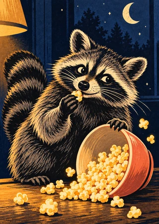 Illustrated raccoon holding a popcorn kernel beside a tipped coral bowl in a warmly lit room at night.