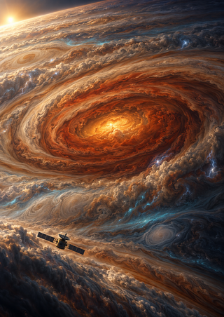 A tiny probe crosses a huge swirling rust, cream, and blue gas-giant storm vortex, framed by dark indigo cloud shadows.