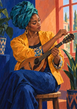 Adult woman in a teal headwrap and saffron jacket seated with a mandolin in a colorful room beside a coral-framed window and plants.