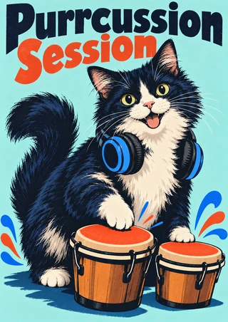 Black-and-white tuxedo cat wearing blue-accented headphones behind two orange-headed drums under Purrcussion Session lettering.